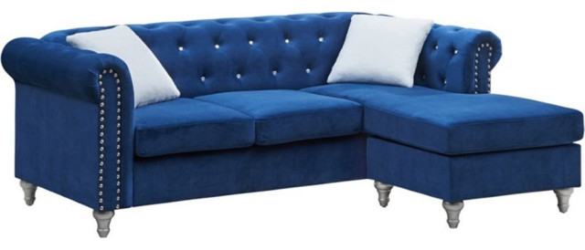 Maklaine Contemporary Soft Velvet Faux Jewel Tufted Sofa Chaise In Navy ... in Creating Cozy Spaces with the Maklaine Transitional Tufted Velvet Sofa Chaise