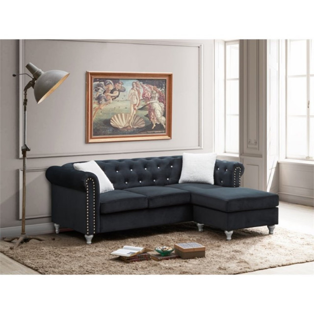 Maklaine Contemporary Soft Velvet Faux Jewel Tufted Sofa Chaise In Navy ... within Creating Cozy Spaces with the Maklaine Transitional Tufted Velvet Sofa Chaise