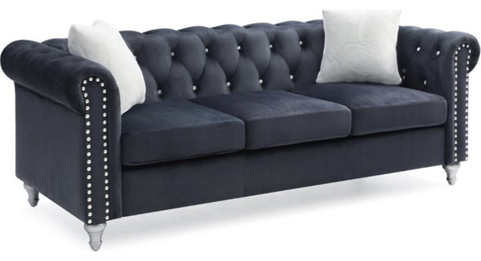 Maklaine Contemporary Velvet Sofa Tufted With Faux Jewels In Black ... in Creating Cozy Spaces with the Maklaine Transitional Tufted Velvet Sofa Chaise