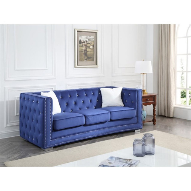 Maklaine Transitional Soft Velvet Buttoned Tuftef Sofa In Blue Finish ... regarding