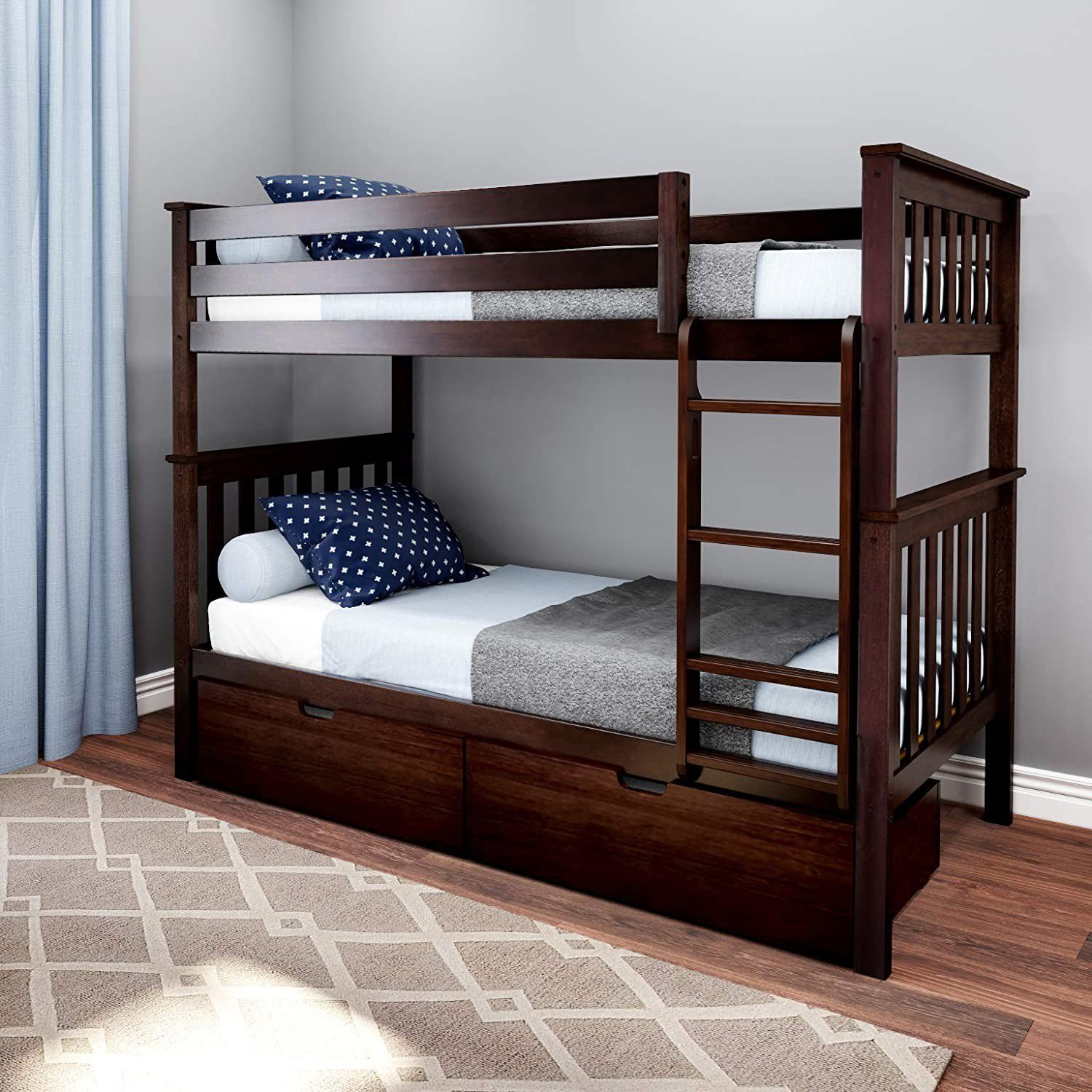 Max &Amp; Lily - Twin Over Twin Bunk Bed - Storage - Espresso inside Maximizing Space and Style with the Gewnee White Twin-Over-Twin Bunk Bed
