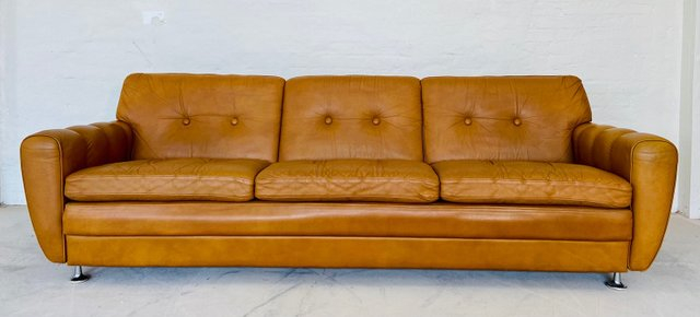 Mid-Century Danish Art Deco Style 3-Seater Sofa In Tan Leather By Svend ... for