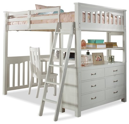 Pemberly Row Modern Wood Full Loft Bed With Desk And Chair In White ... intended for