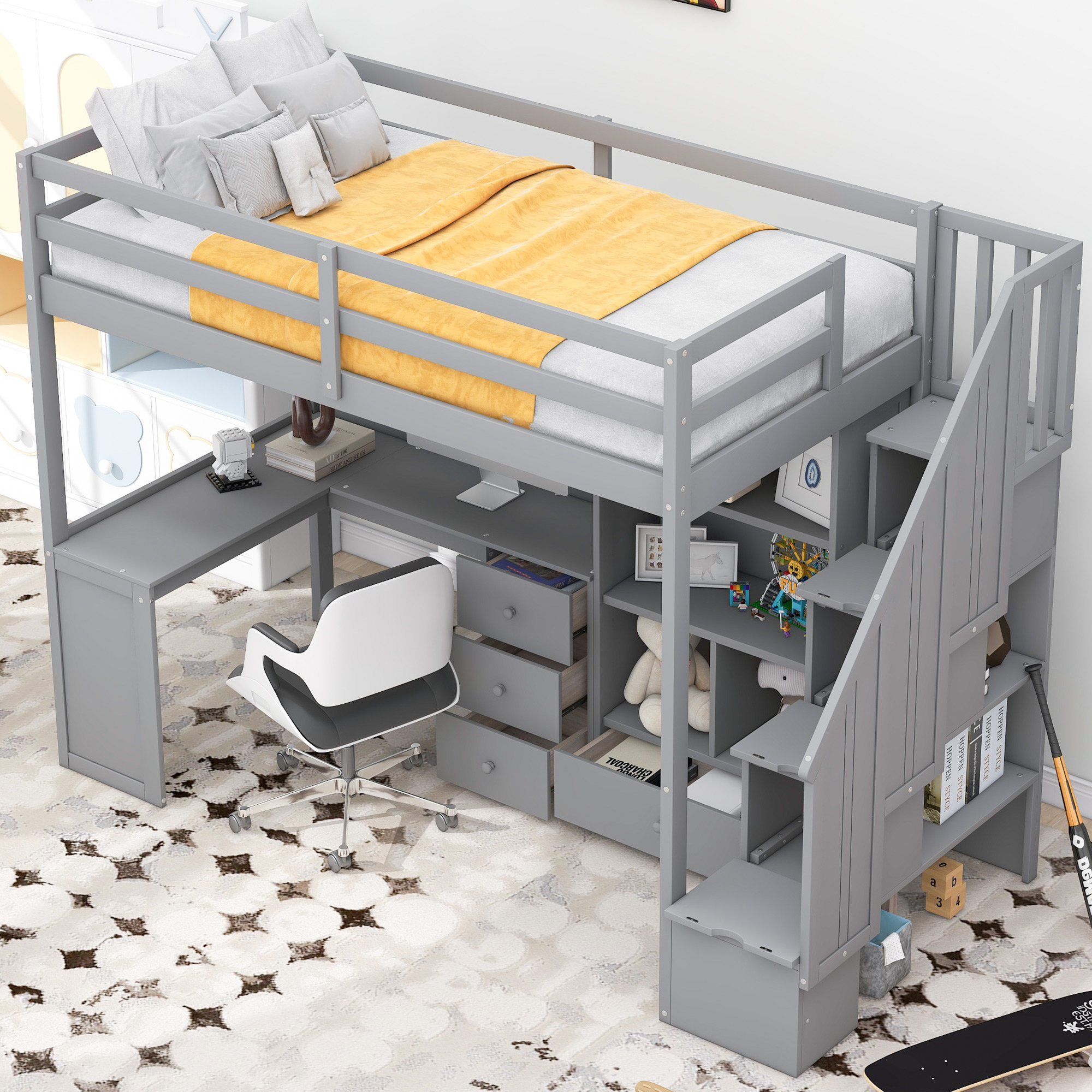 Tateus Twin Size Loft Bed With L-Shaped Desk And Drawers - Transitional ... with regard to Essential Tips for Assembling Your TATEUS Twin Loft Bed