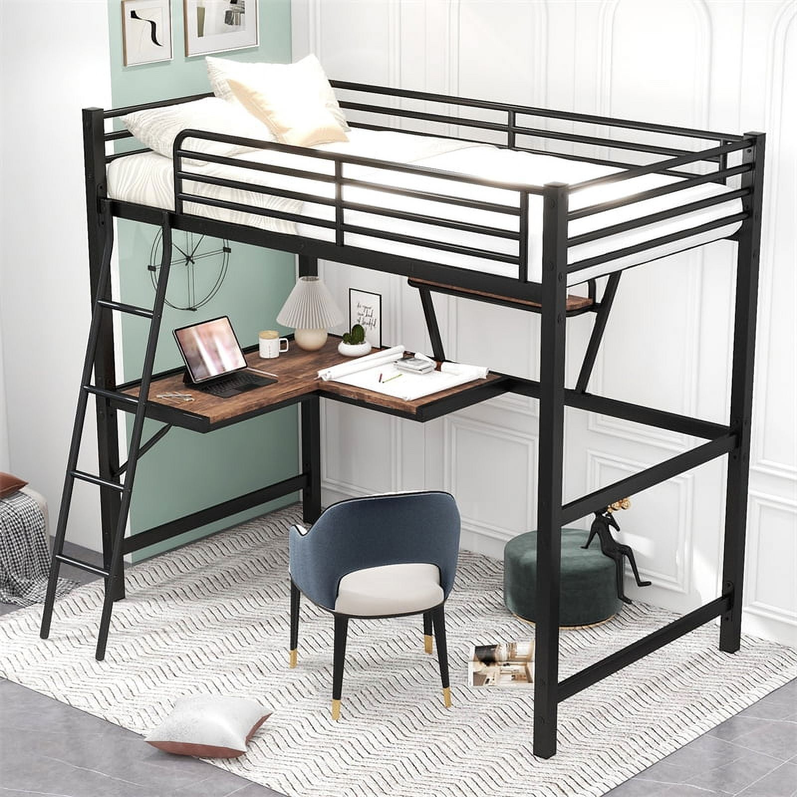 Twin Loft Bed With L-Shaped Desk And Shelf, Metal Loft Bed Frame With ... in Expert Tips for Assembling and Maintaining Your Black Twin Loft Bed