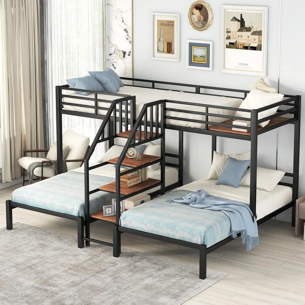 Urtr Black Metal Triple Bunk Bed Frame For 3, Twin Over Twin&Amp;Twin Size ... throughout
