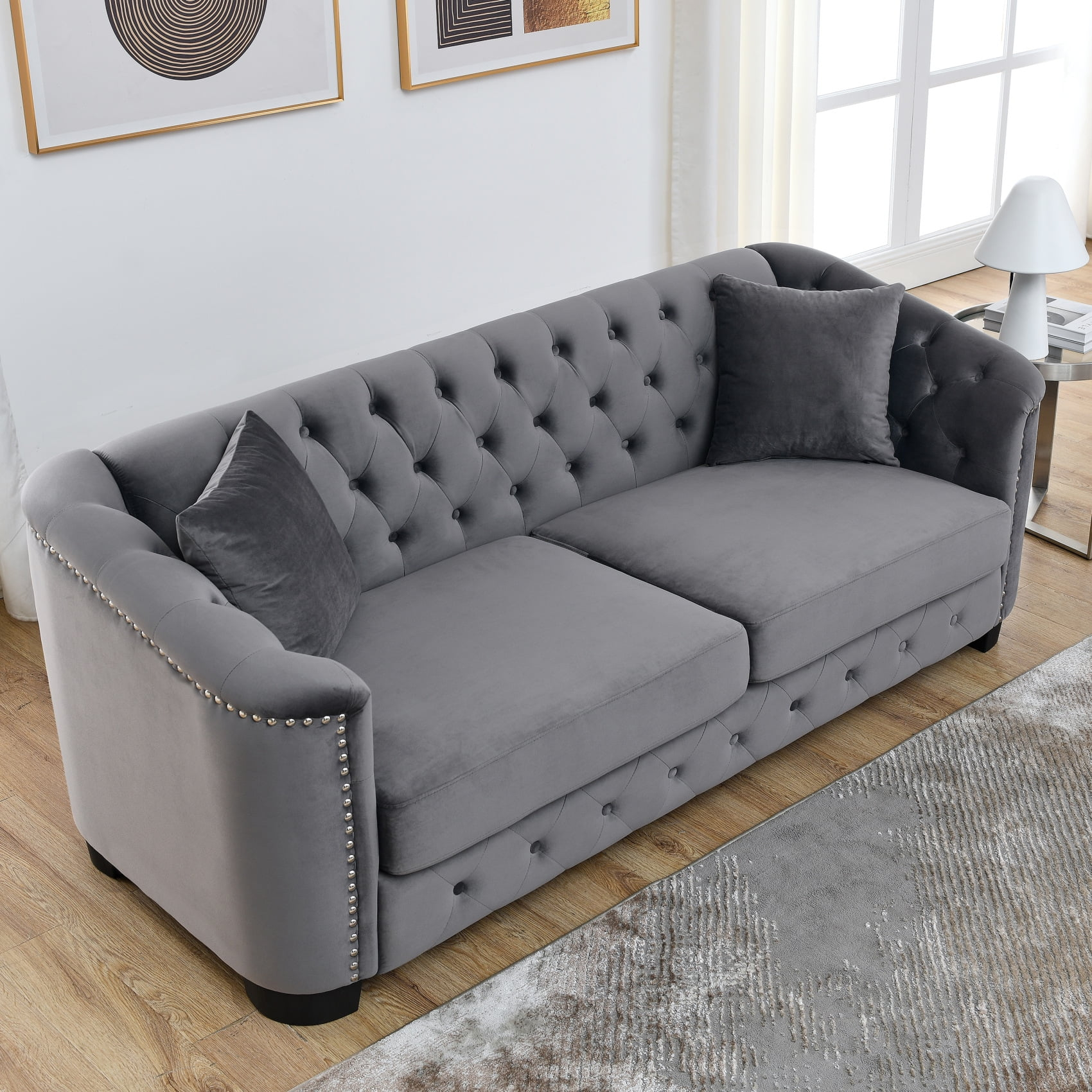 77" Chesterfield Velvet Sofa, Upholstered Button Tufted 3 Seater Sofa ... pertaining to