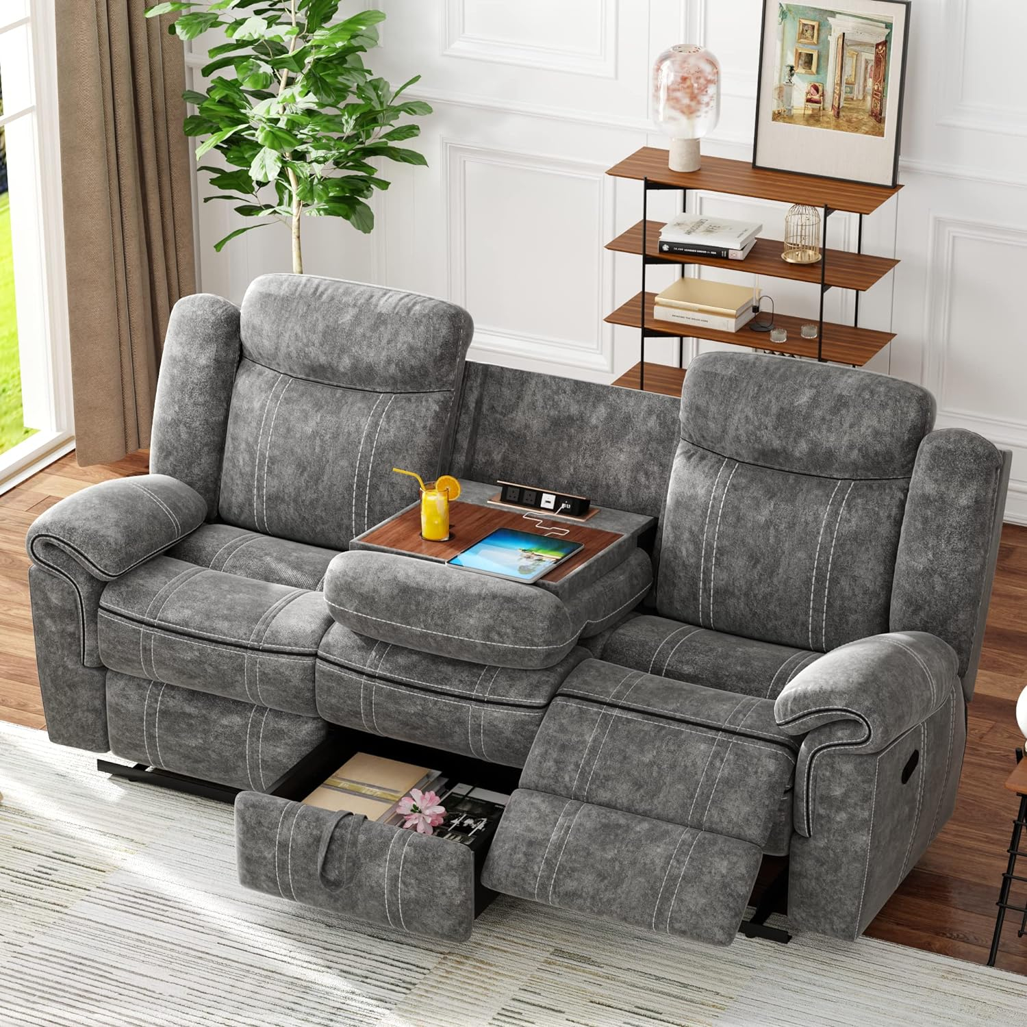 Acme Zubaida Reclining Sofa With Usb Dock, 2-Tone Gray Velvet intended for
