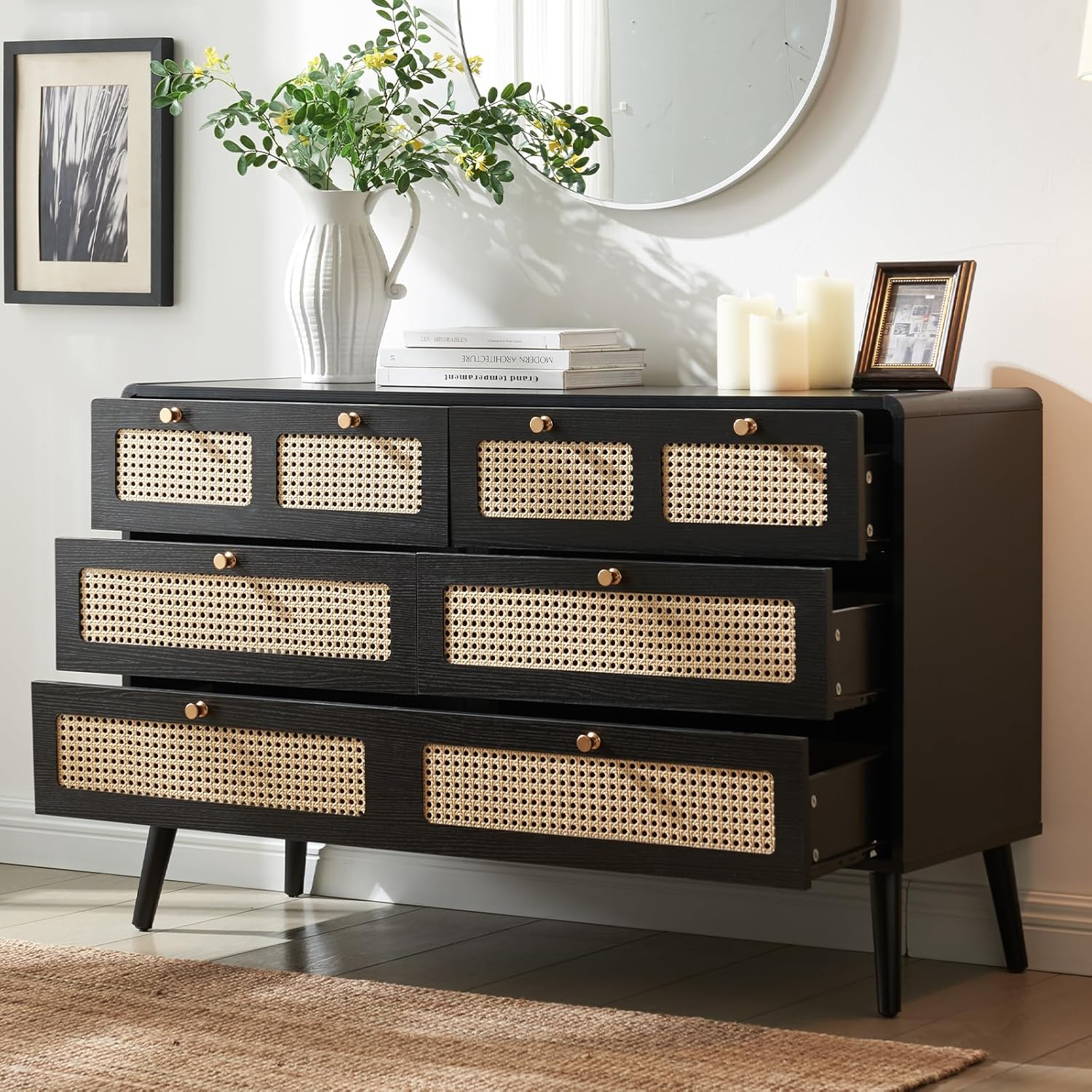 Amazon.com: Anewome Black Rattan 6 Drawer Dresser For Bedroom, 47" Wide ... in Elevate Your Bedroom Storage with the Assembled Honey Cane Dresser