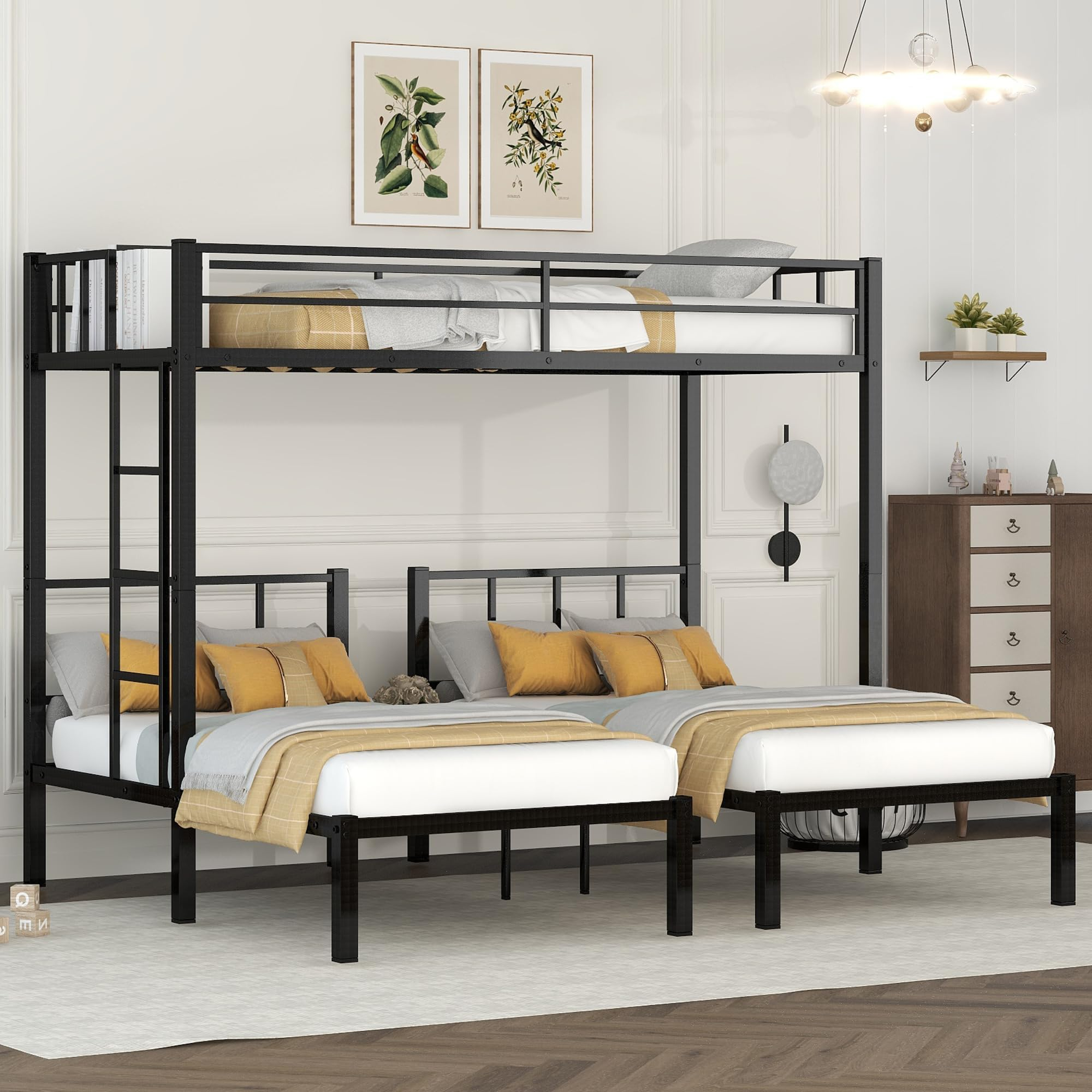 Amazon.com: Emkk Metal L-Shaped Triple Bunk Bed, Twin Over Twin Over ... for