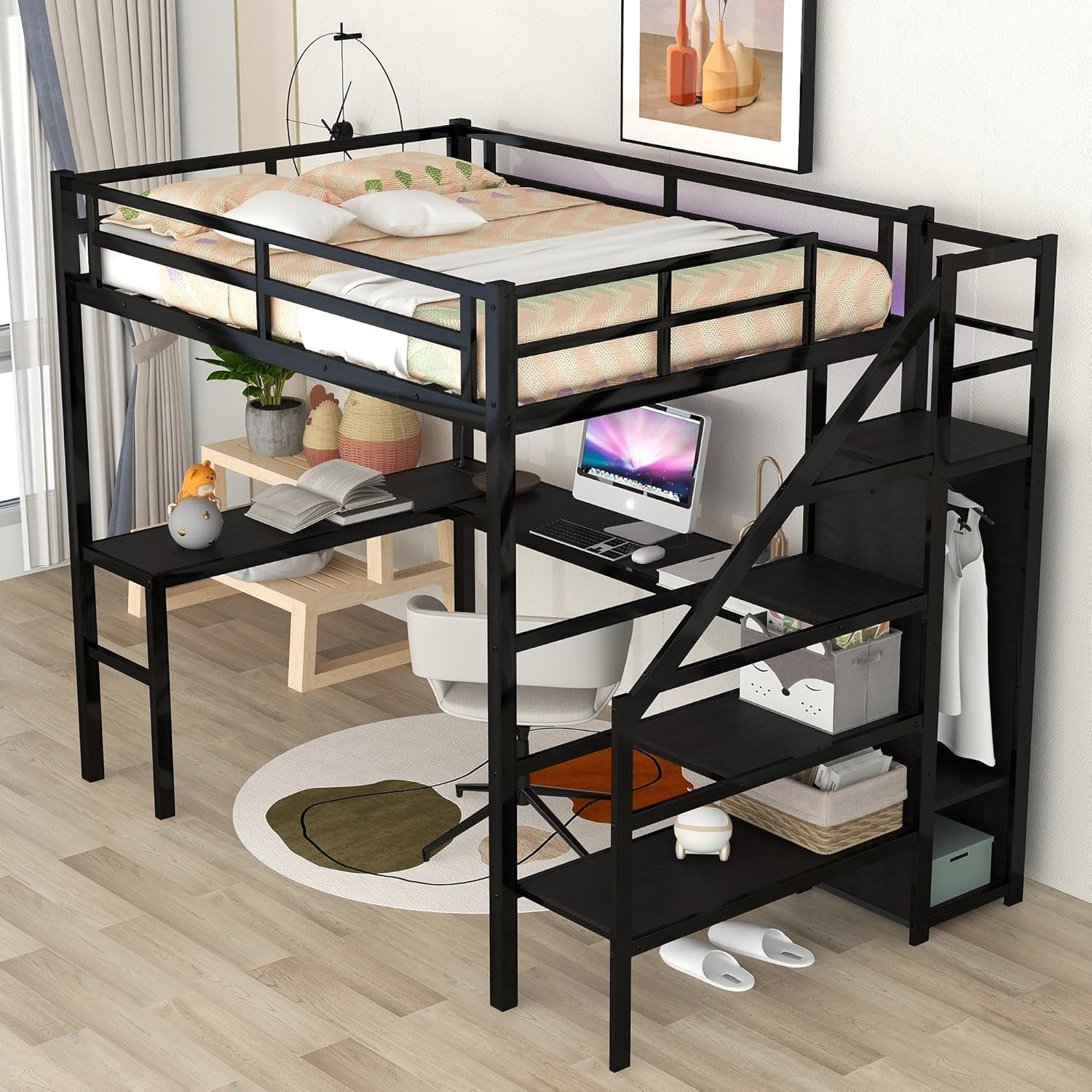 Amazon.com: Full Size Loft Bed With Desk And Storage Stairs, Heavy Duty ... intended for Beyond the Bed The Integrated Desk and Shelves of the Novogratz Maxwell