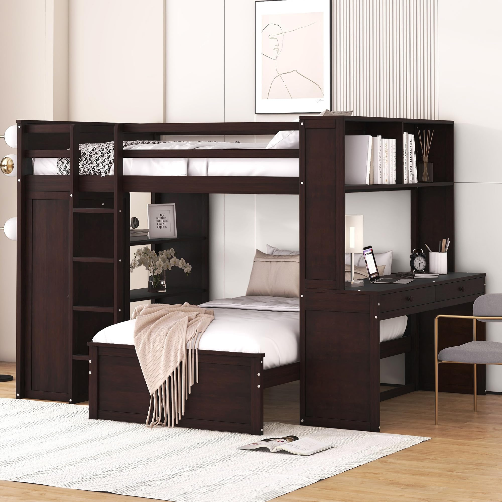 Amazon.com: Full Size Loft Bed With Desk And Wardrobe, Wood Loft Bed ... within Beyond the Bed The Versatile Gewnee Wood Full Size Loft Bed Wardrobe