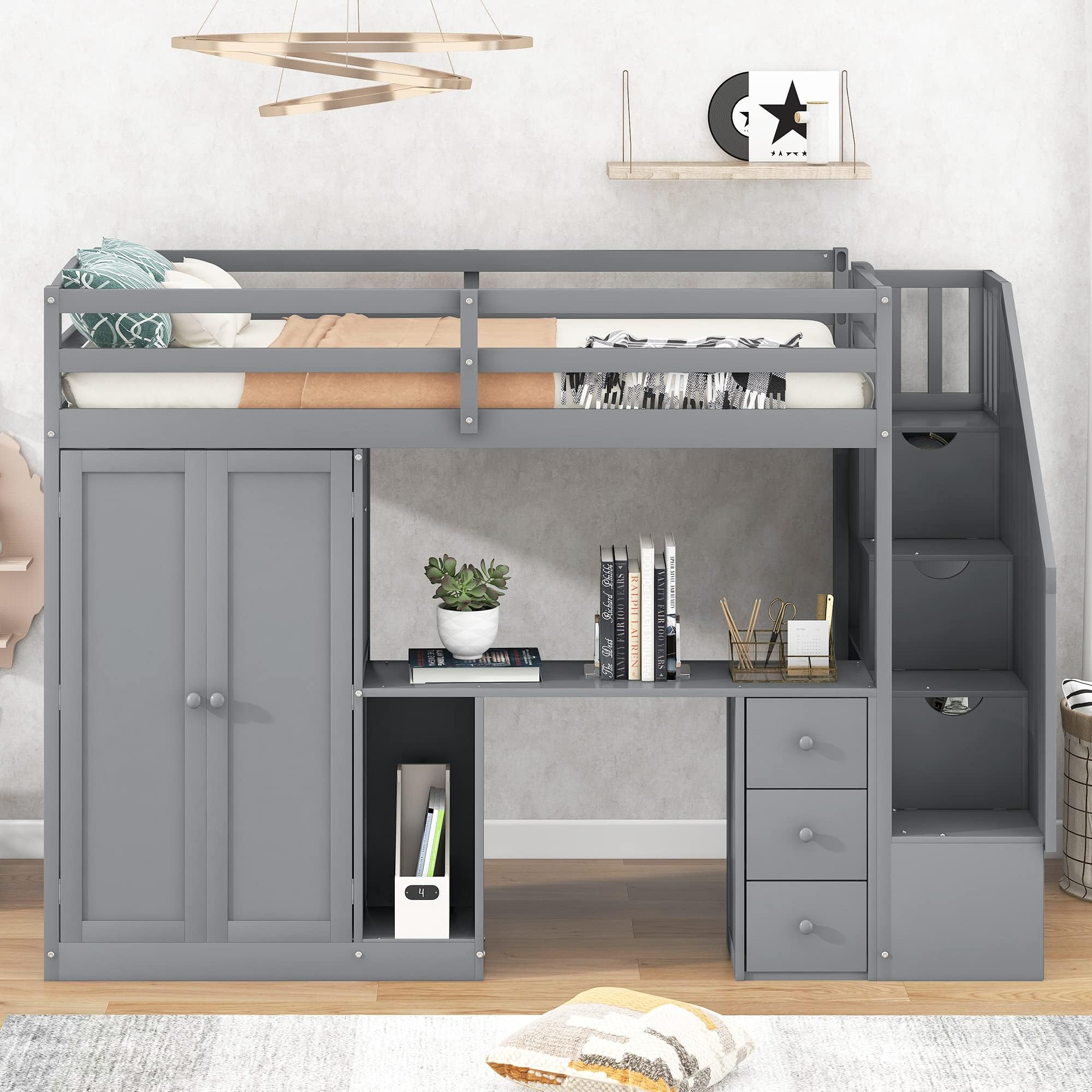 Amazon.com: Gray Twin Size Loft Bed With Stairs And Desk, Wooden Twin ... intended for