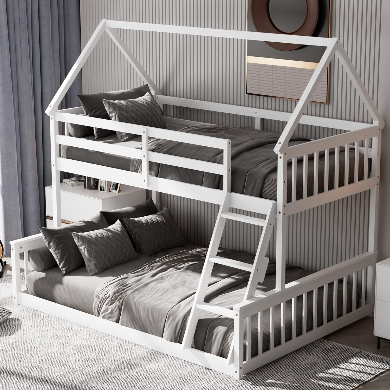 Amazon.com: Komfott Wood Twin Over Full House Bunk Bed With Built In ... throughout
