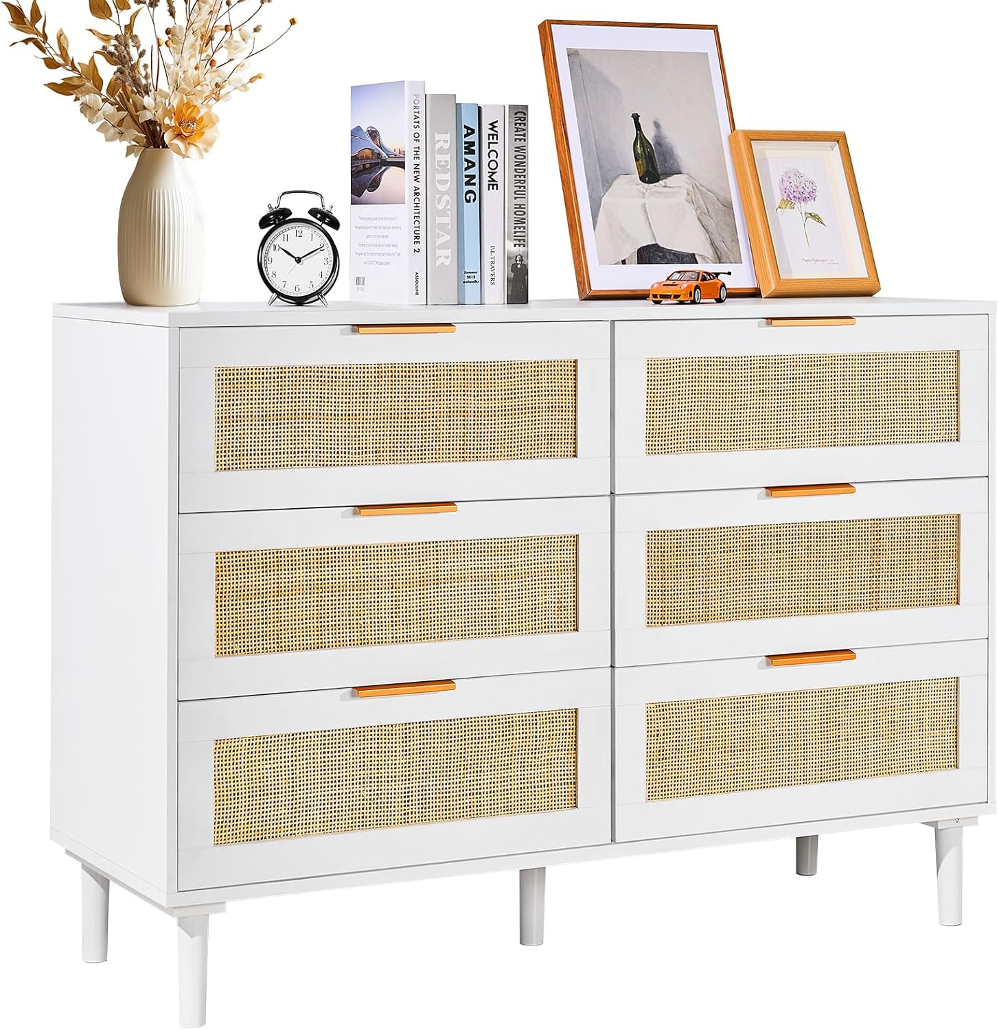Amazon.com: Vevor 6 Drawer Rattan Dresser, Boho Dresser, Rattan Chest ... in Elevate Your Bedroom Storage with the Assembled Honey Cane Dresser