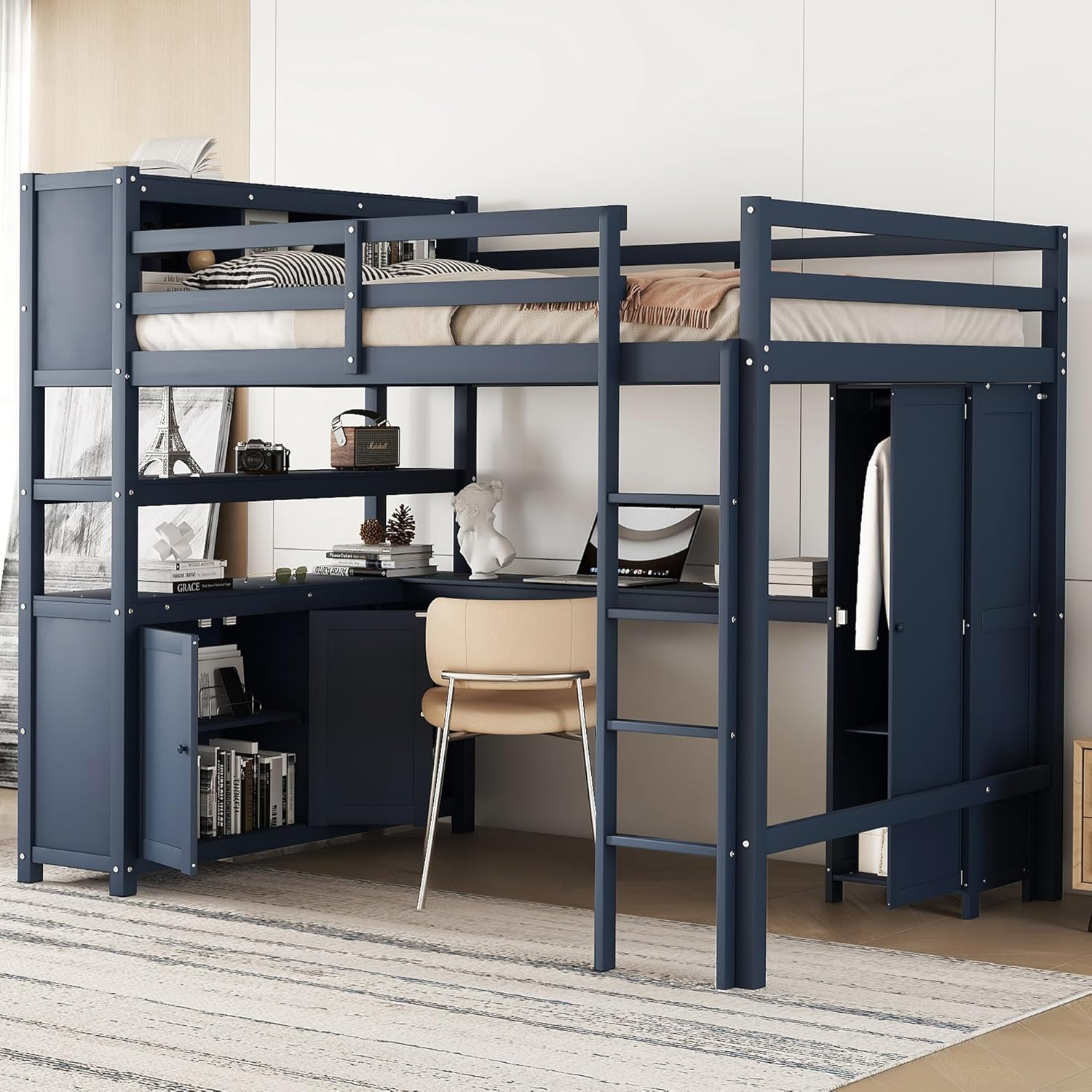 Amazon.com: Wood Full Size Loft Bed With Desk And Wardrobe,Loft Bed ... with regard to Beyond the Bed The Versatile Gewnee Wood Full Size Loft Bed Wardrobe