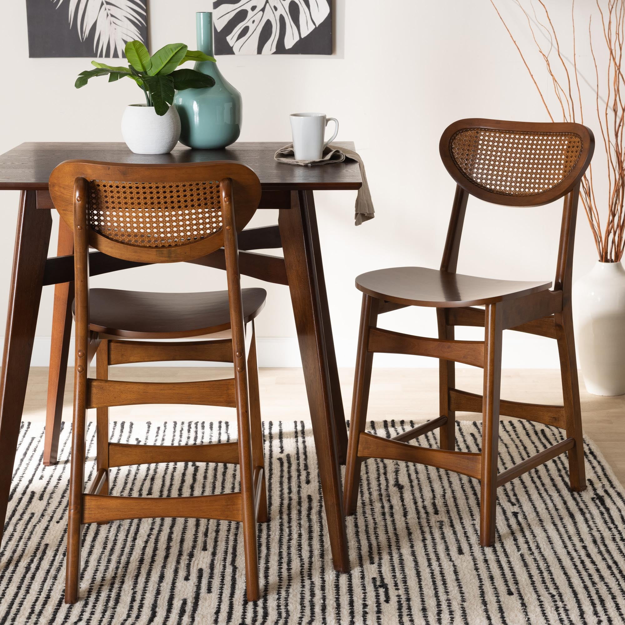 Baxton Hesper Mid-Century Modern Counter Stool, Walnut Brown &Amp; Rattan ... for