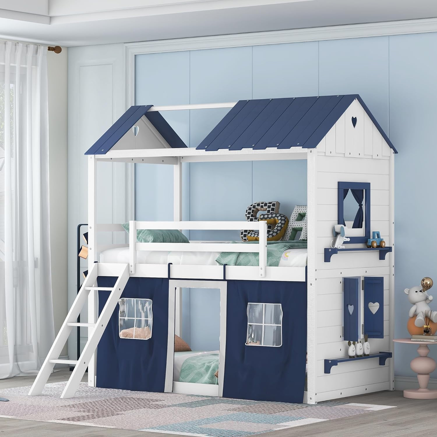 Bunk Bed For Kids, House Bunk Bed With Windows Sills And Tent, Wood ... regarding