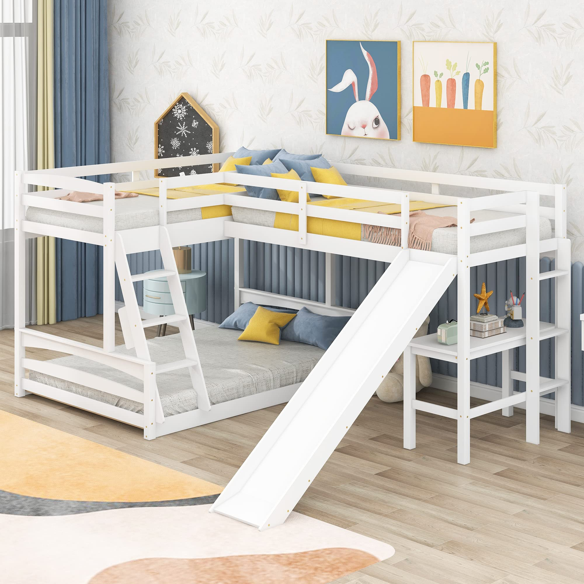 Buy Citylight L-Shaped Triple Bunk Bed With Slide, Twin Over Full Bunk ... pertaining to Maximizing Space With the Bowery Hill Twin Over Full Bunk Bed
