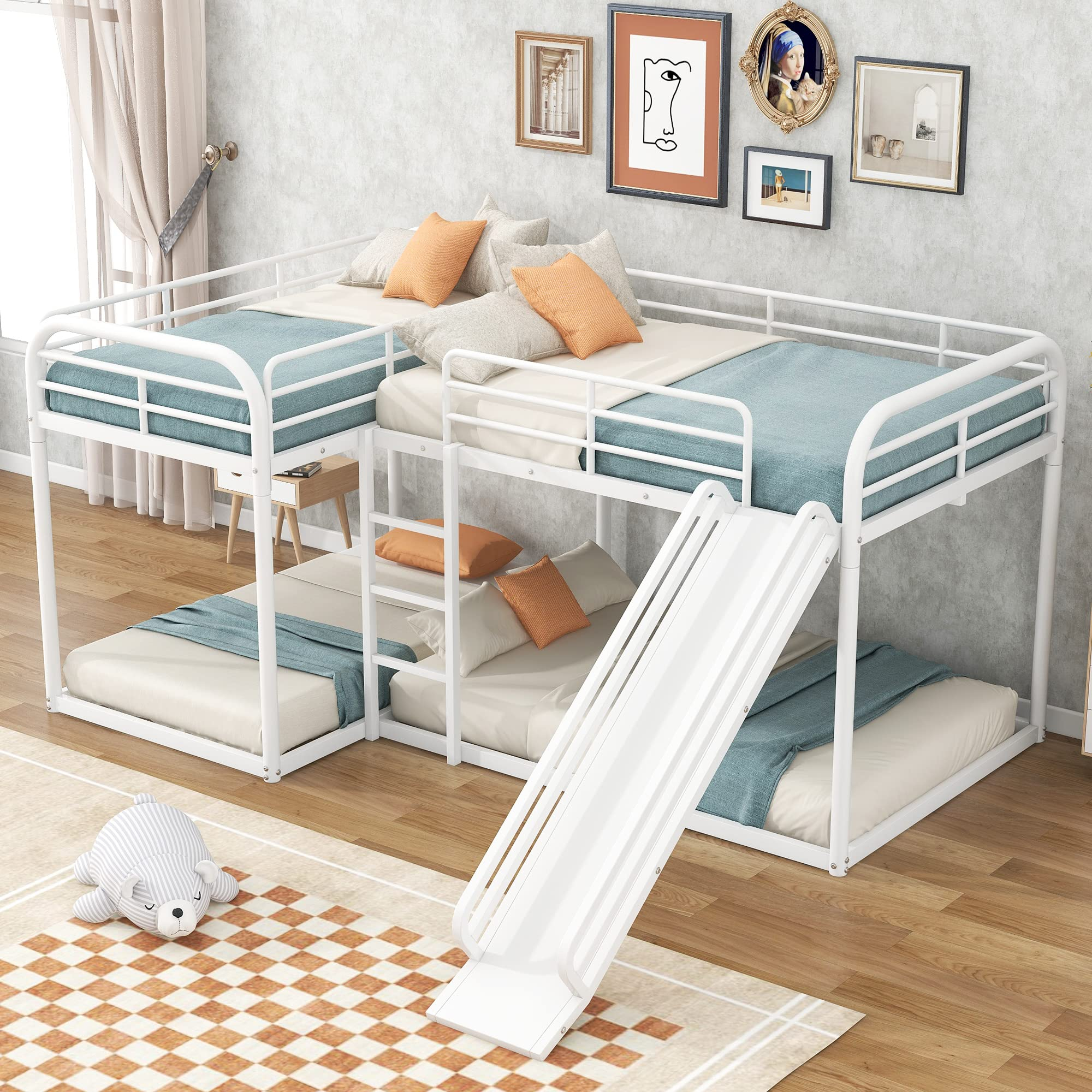 Buy Dhpm L Shaped Bunk Bed For 4, Bunk Bed With Slide, Heavy-Duty Metal ... in The Joys of a Black Floor Bunk Bed with a Roof and Slide for Little Ones