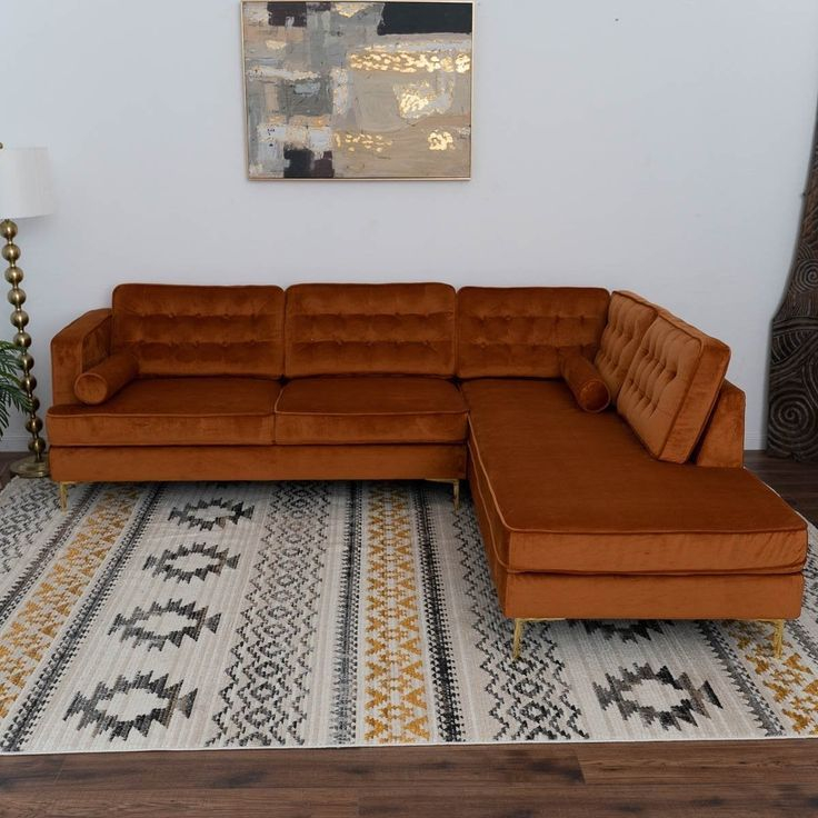 Caleb Sectional Sofa (Burnt Orange Velvet) Right Chaise | Mid Century ... for Discovering the Allure of the Orange Velvet Kalenga Sectional