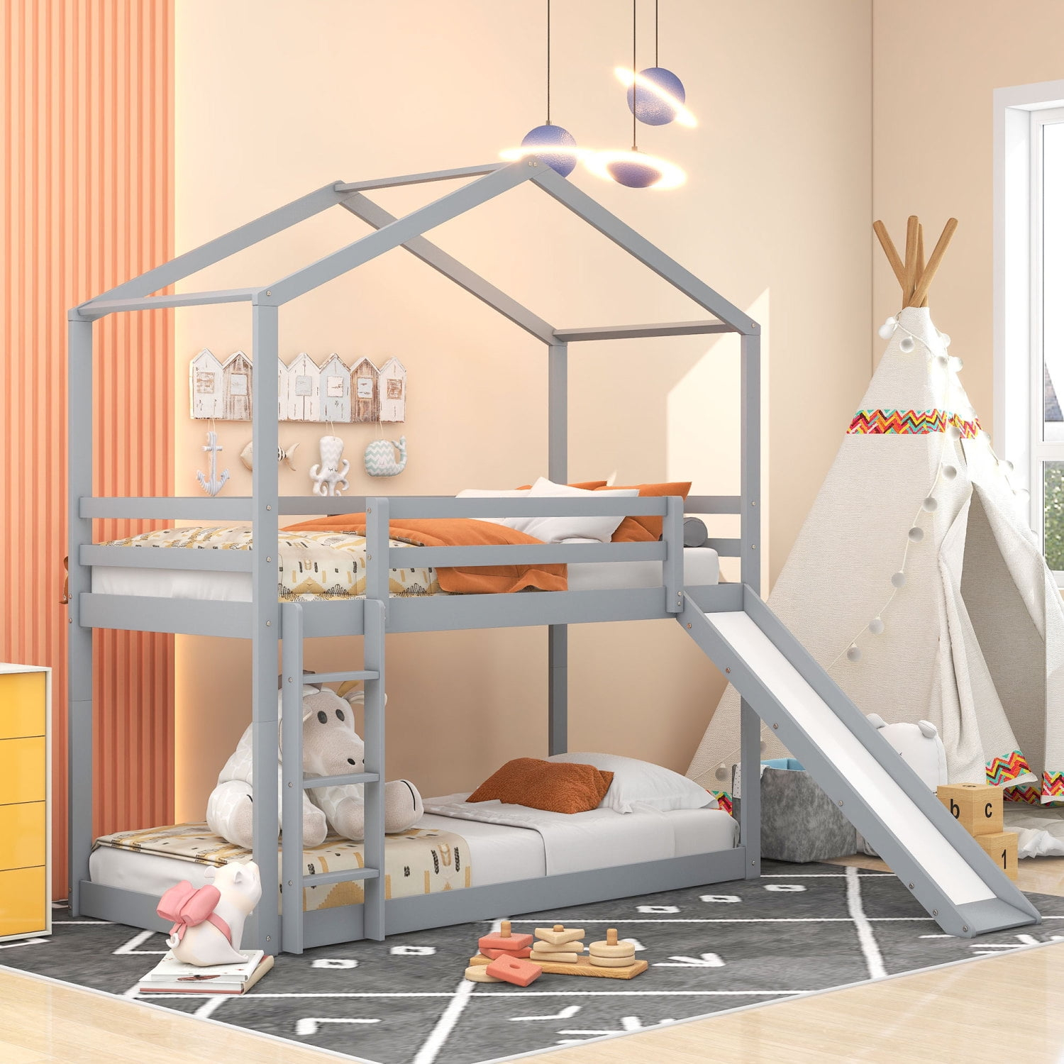 Charming Twin Over Twin Bunk Bed With Roof, Slide, And Ladder - Gray ... pertaining to