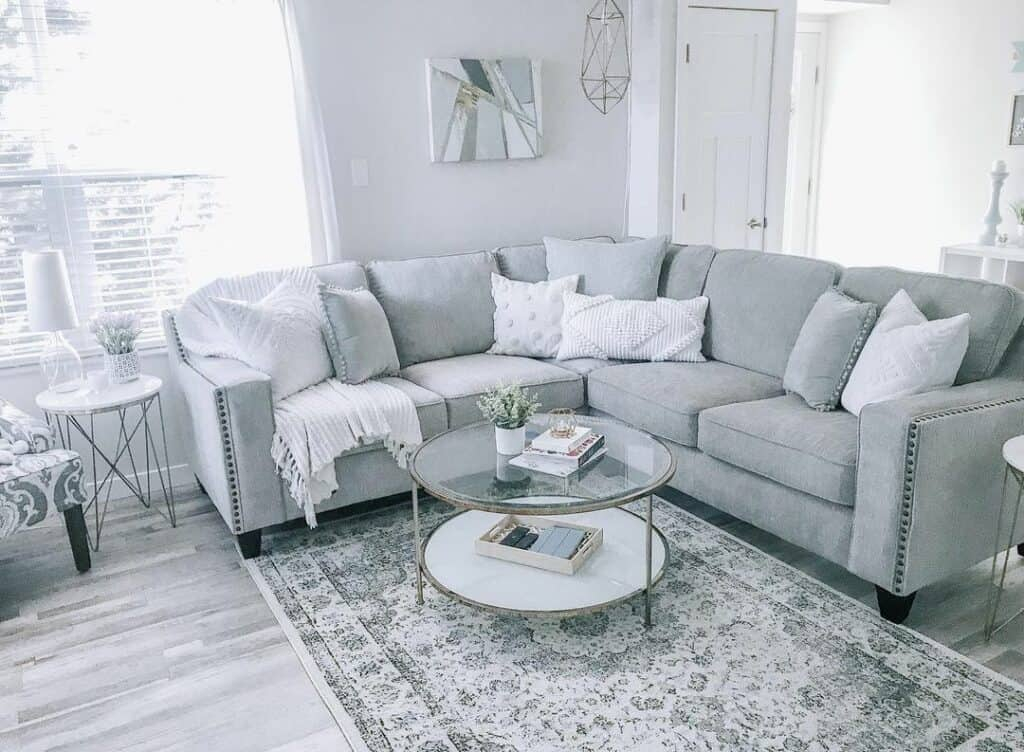 Cool Gray Sectional With Studded Arm Rests - Soul &Amp; Lane with regard to