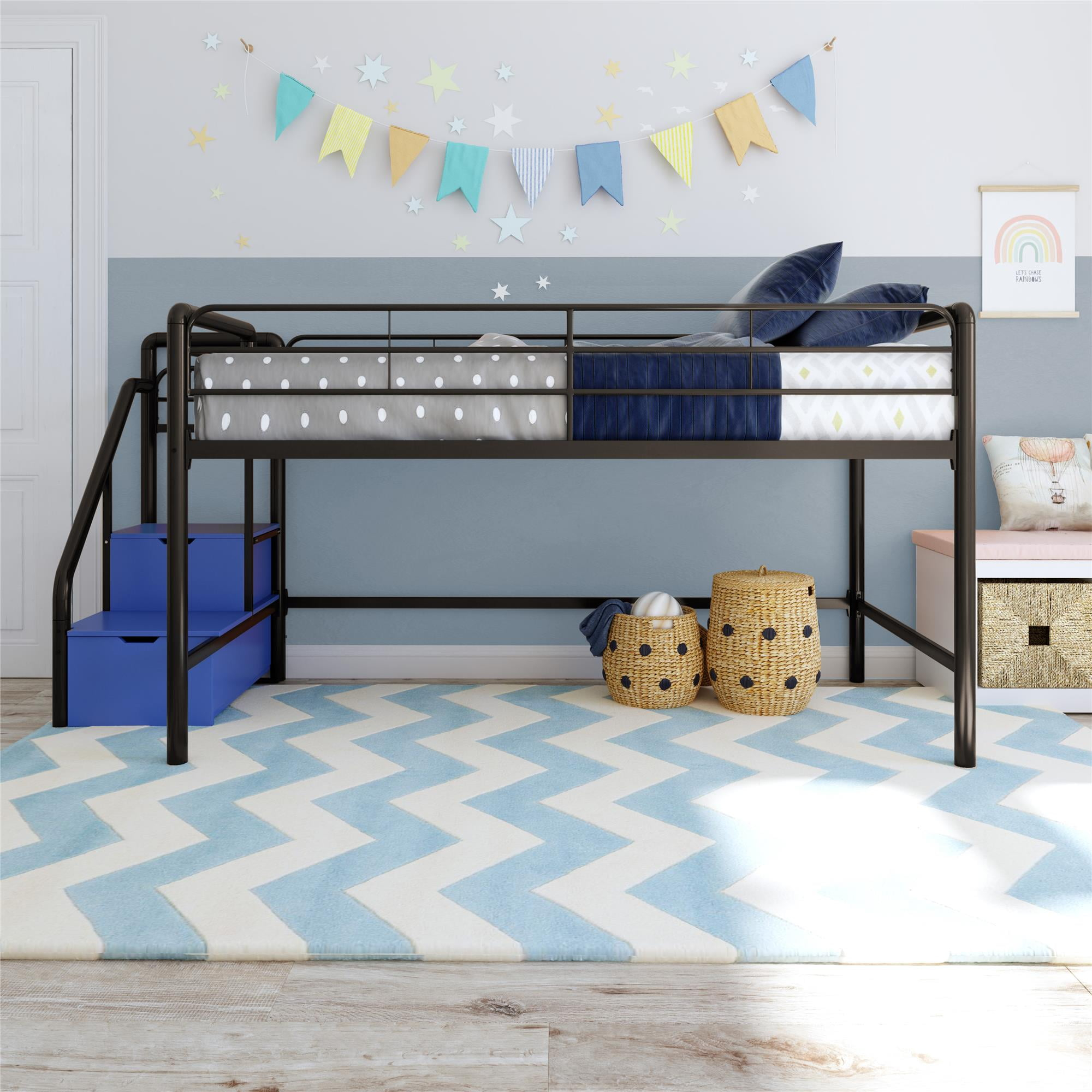 Dhp Sol Junior Twin Metal Loft Bed With Storage Steps, Black - Walmart.com for