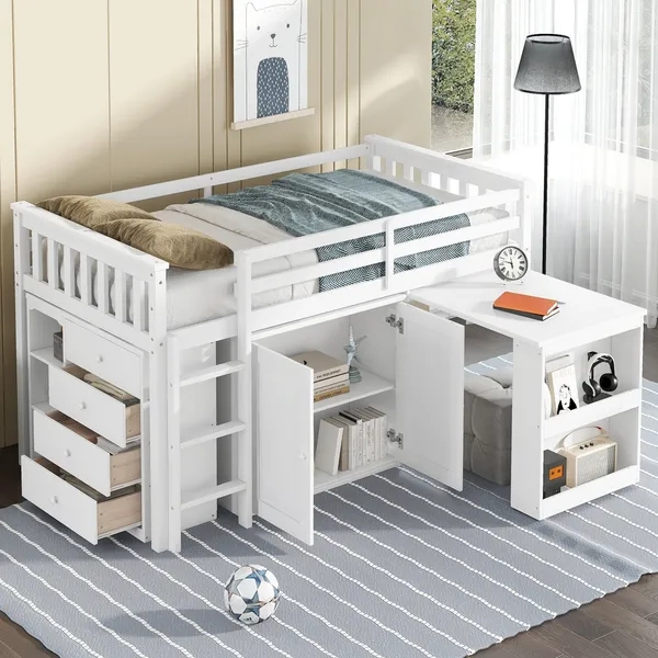 Dropship Twin Loft Bed With Storage Cabinet, Drawer And Shelf Cabinet ... in The TATEUS Loft Bed White How the Guardrail and Desk Enhance Functionality