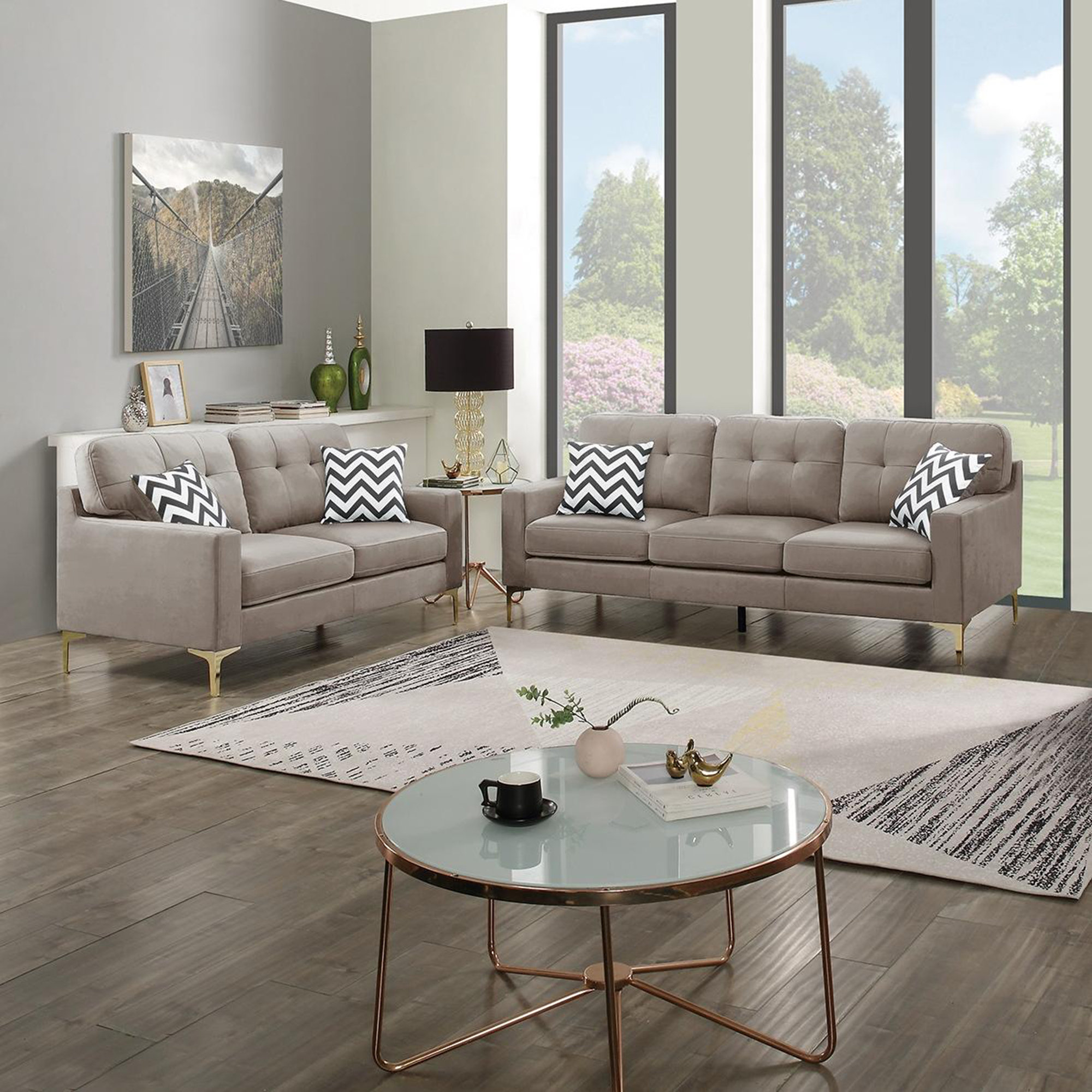 Ebern Designs Eye-Catching Attractive 2Pc Sofa Set Light Brown Velvet ... for