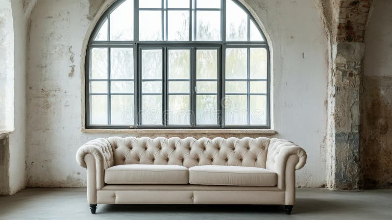 Elegant Chesterfield Sofa In Rustic Industrial Interior Setting Stock ... regarding Unveiling the Enduring Charm of a Chesterfield Sofa a Deep Dive into Design