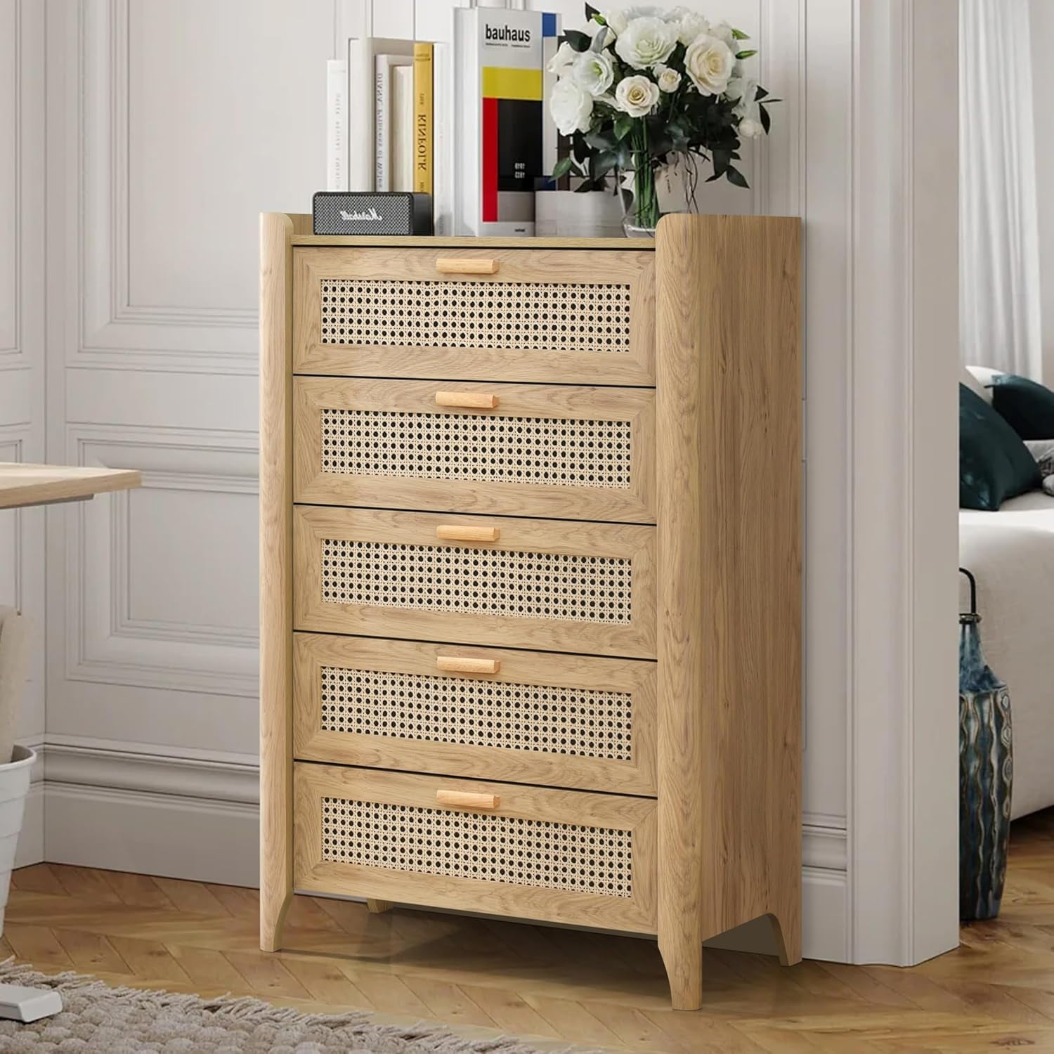 Elisa Rattan Picture 5 Drawers Dresser With Pre-Assembled Interlock And ... with regard to Elevate Your Bedroom Storage with the Assembled Honey Cane Dresser