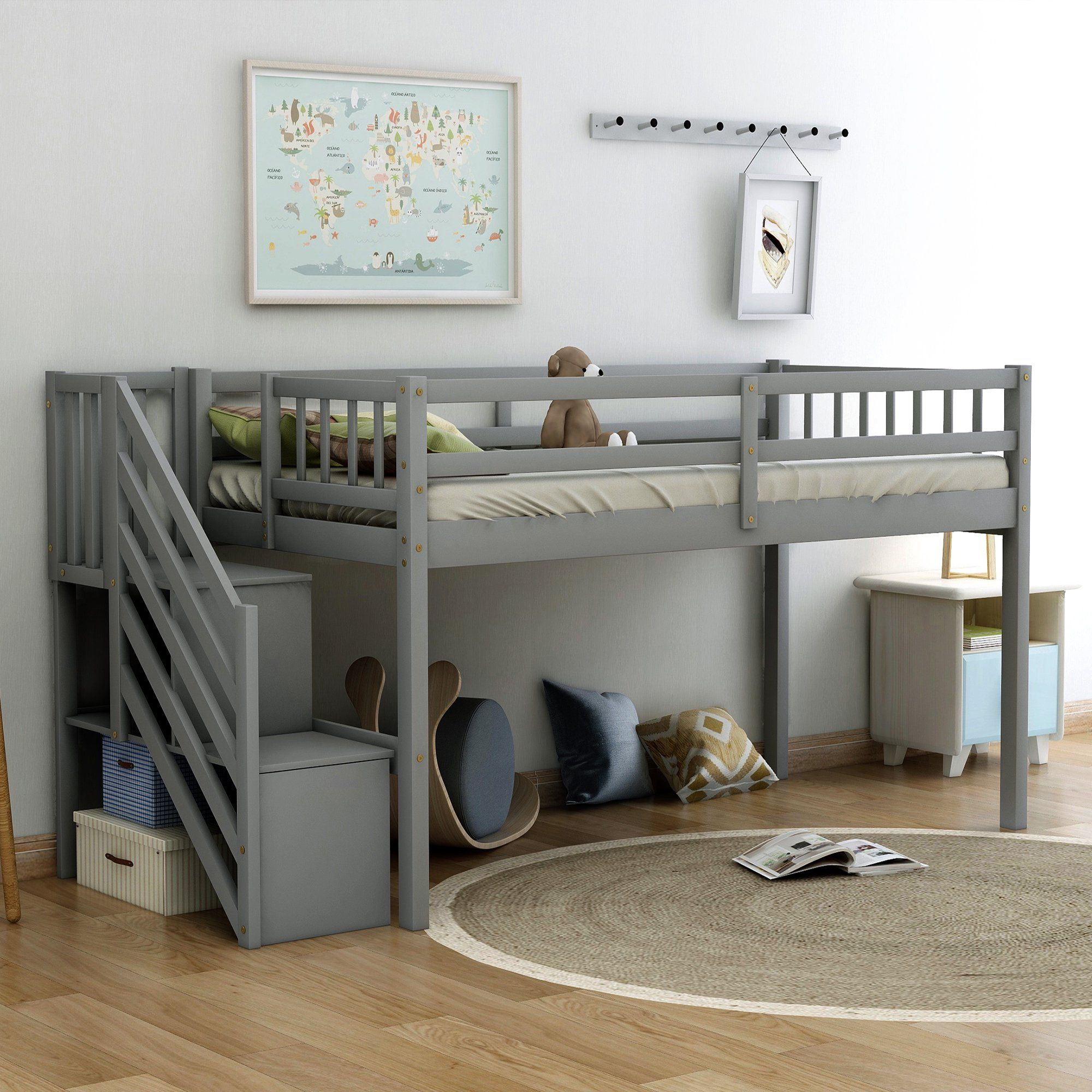 Euroco Wood Twin Loft Bed With Stairs, Guard Rail And Storage Shelf For ... in