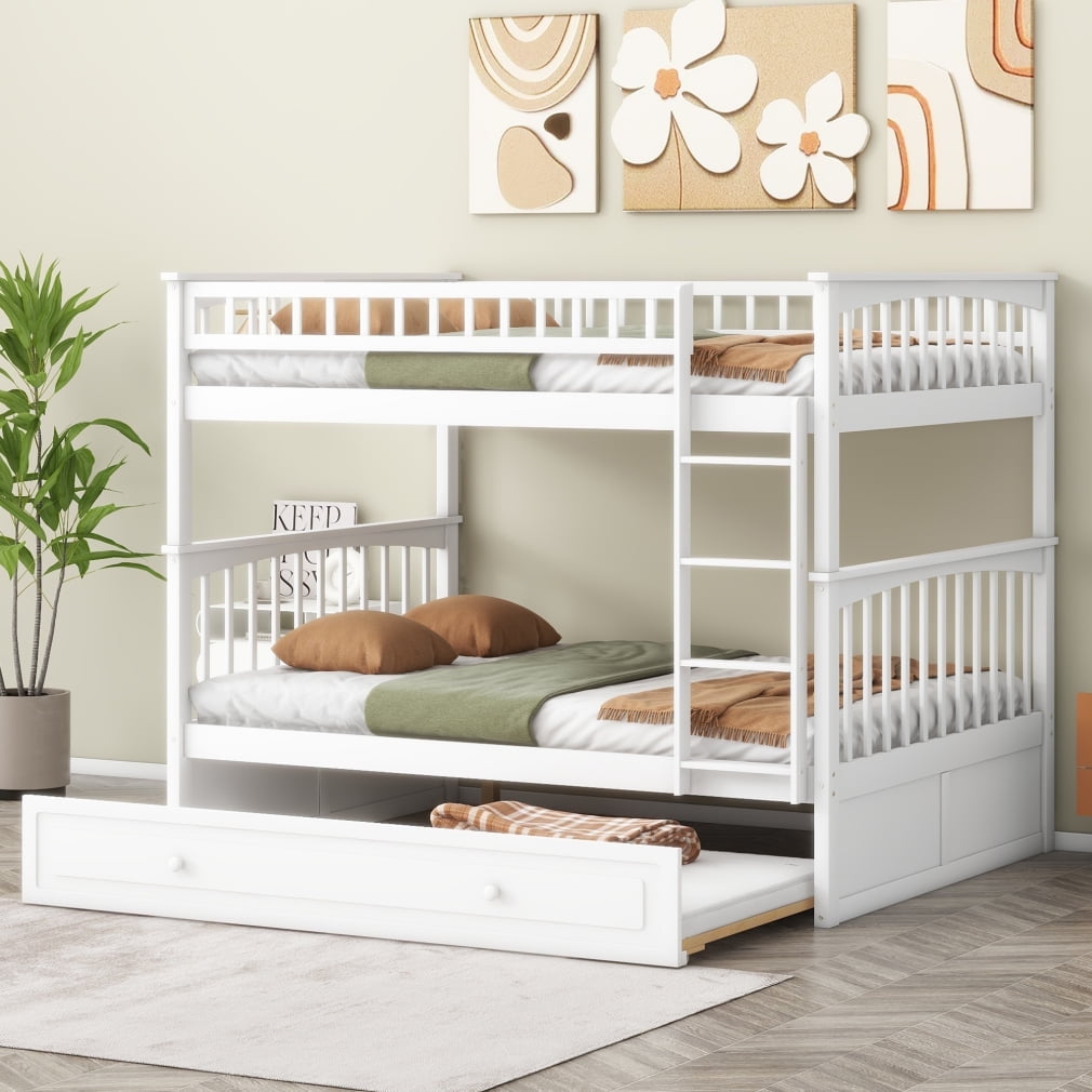 Full Over Full Bunk Bed With Trundle, Solid Wood Bunk Bed Frame With ... for