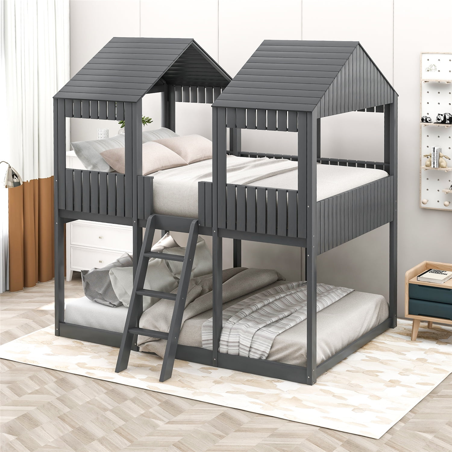 Full Over Full House Bunk Bed With Roof, Wood Low Bunk Bed Frame With ... throughout The Joys of a Black Floor Bunk Bed with a Roof and Slide for Little Ones