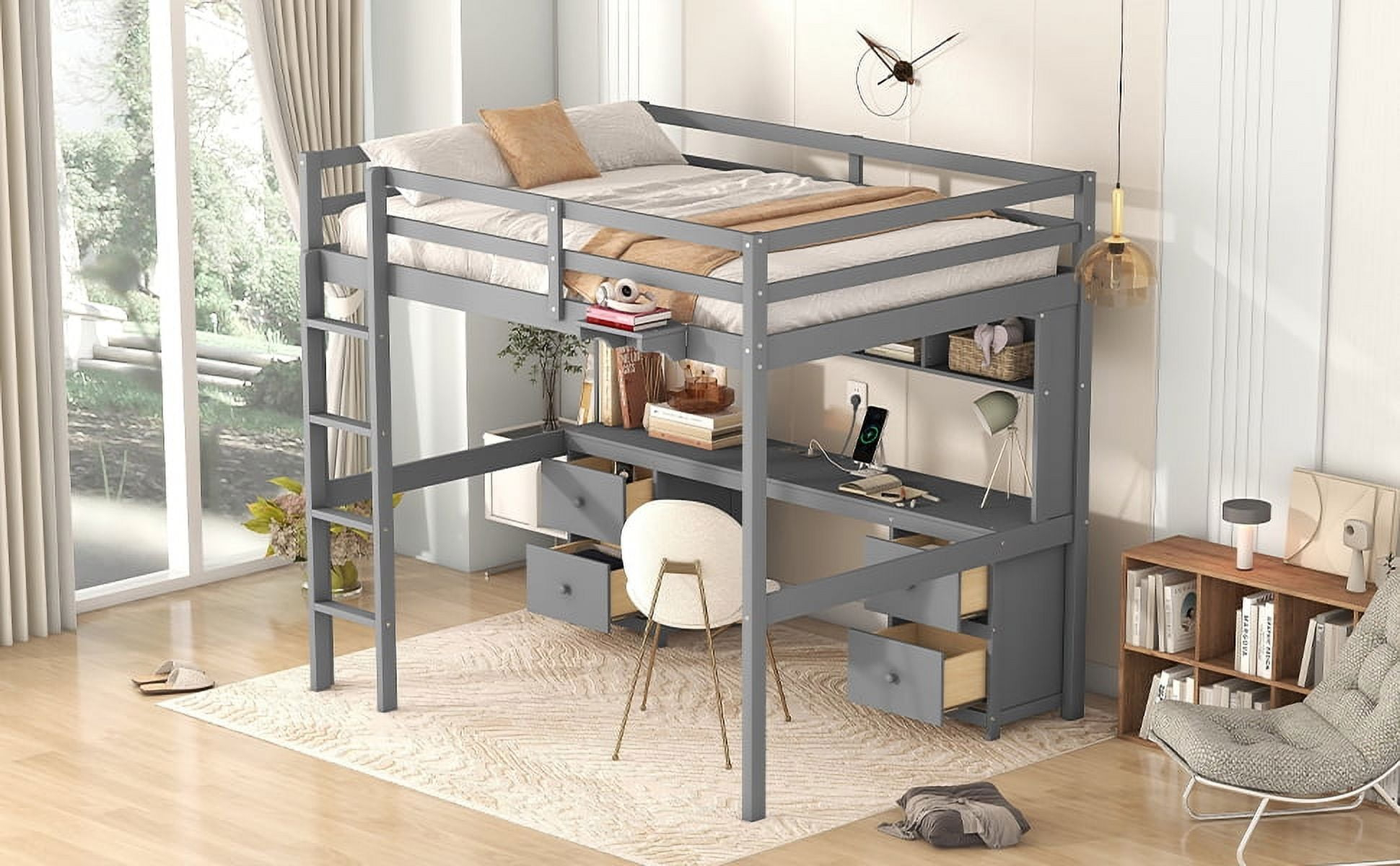 Full Size Gray Loft Bed With Desk, Cabinets, Drawers, Bedside Tray ... intended for Maximizing Small Spaces The Gray Loft Bed Desk Solution Explained