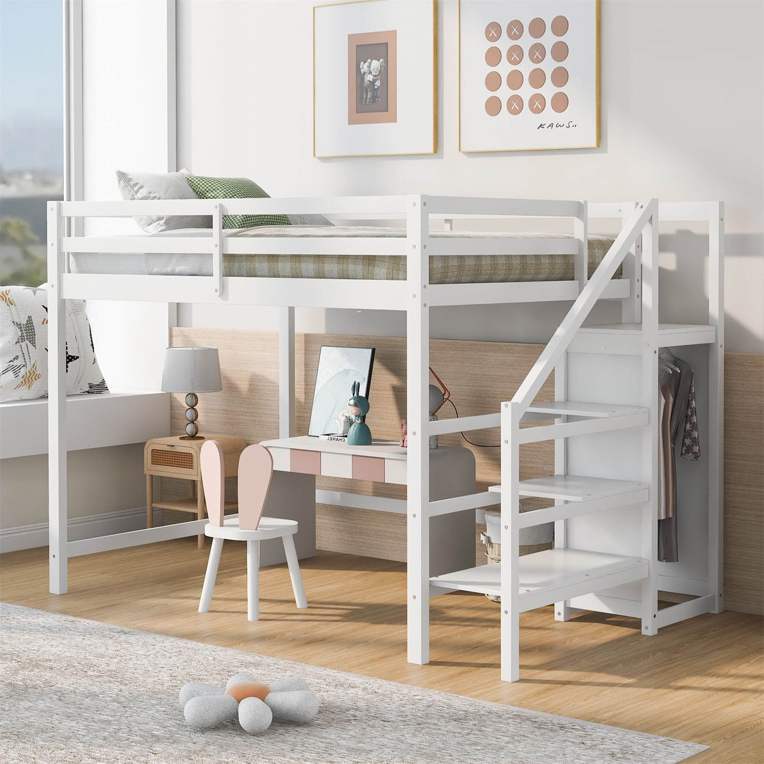 Full Size Loft Bed With Built-In Storage Wardrobe And Staircase, Solid ... throughout