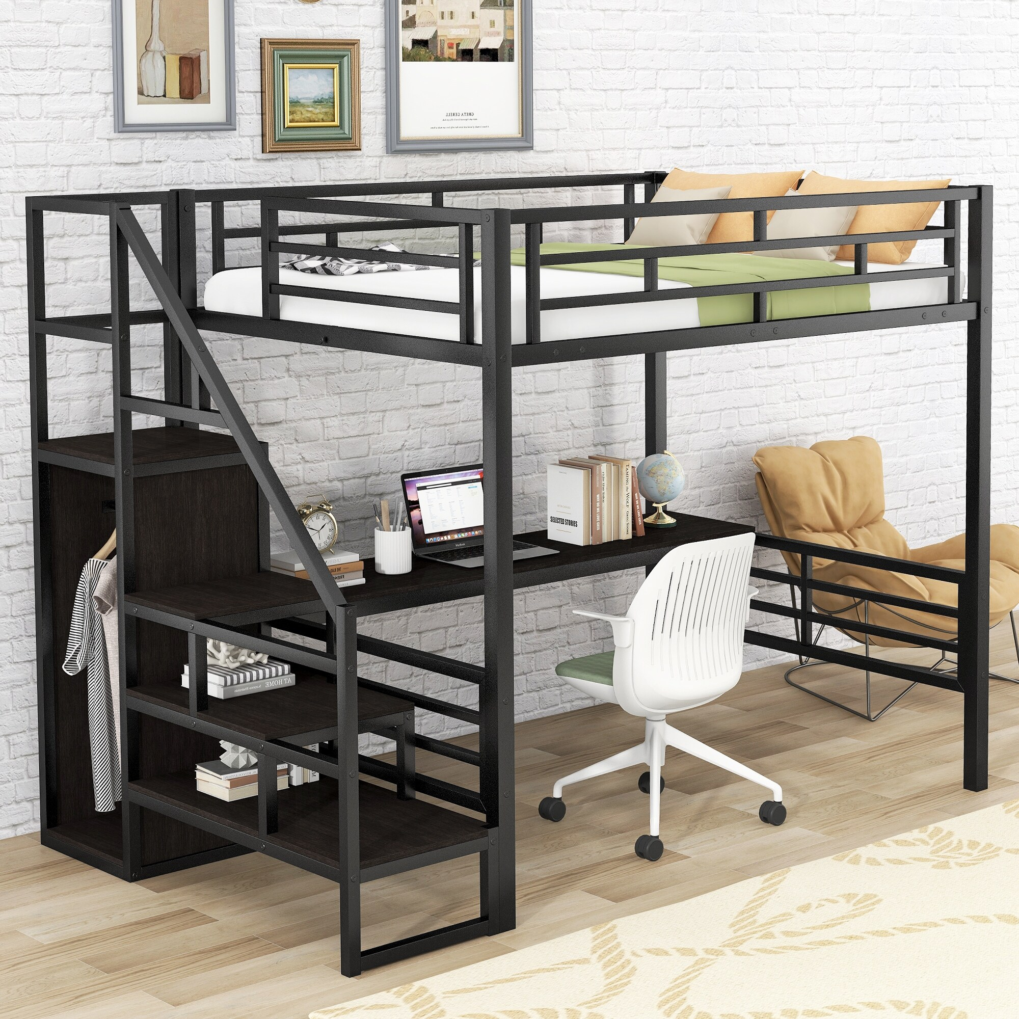 Full Size Metal Loft Bed With Desk, Storage Staircase And Small ... pertaining to