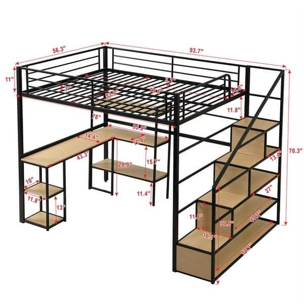 Full Size Metal Loft Bed With Staircase, Built-In Desk And Shelves ... in