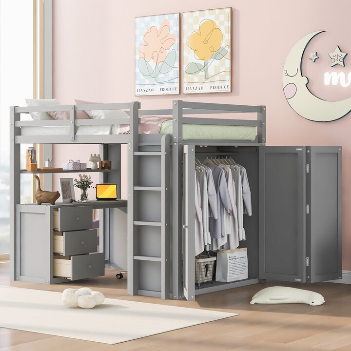 Gerojo Gray Pine Wood Full Size Loft Bed With Drawers, Desk, And ... for Maximizing Small Spaces The Gray Loft Bed Desk Solution Explained