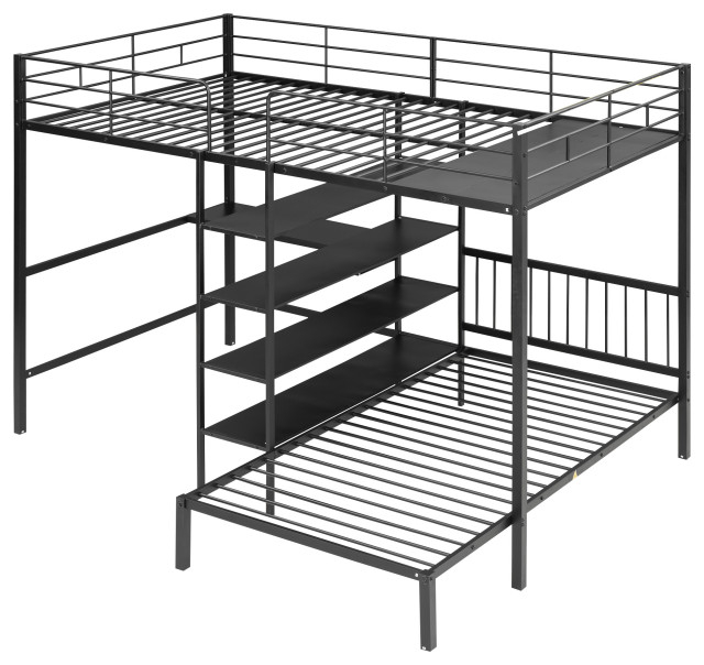 Gewnee Full Over Twin Metal Bunk Bed With Desk And Shelves In Black ... regarding