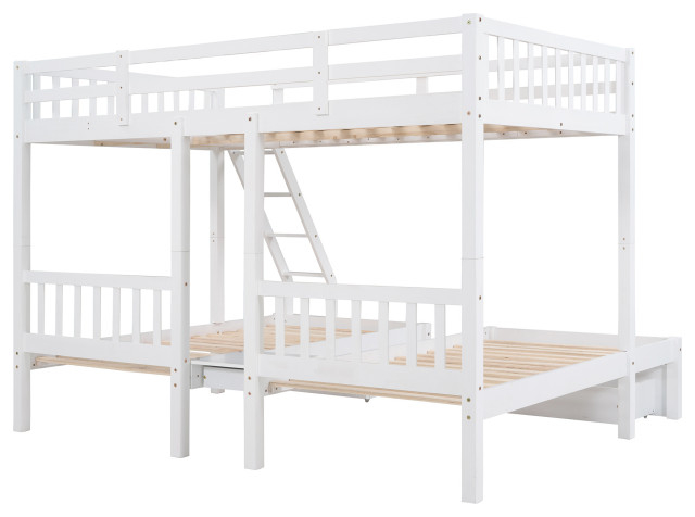 Gewnee Full Over Twin Wood Triple Bunk Bed With Drawers In White ... for Maximizing Kids' Room Storage The White Gewnee Wood Bunk Bed Solution