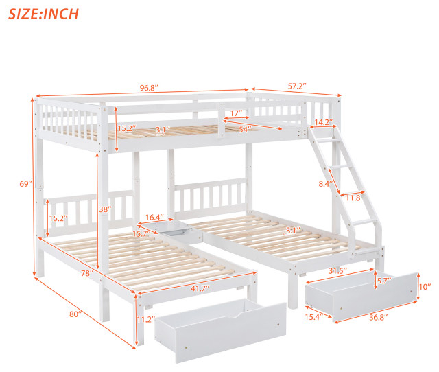 Gewnee Full Over Twin Wood Triple Bunk Bed With Drawers In White ... for