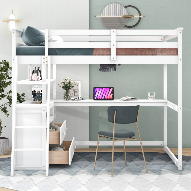 Gewnee Full Size Loft Bed With Desk And Shelves,Two Built-In Drawers ... within Gewnee Loft Bed Versatility How the Desk and Shelves Enhance Your Room