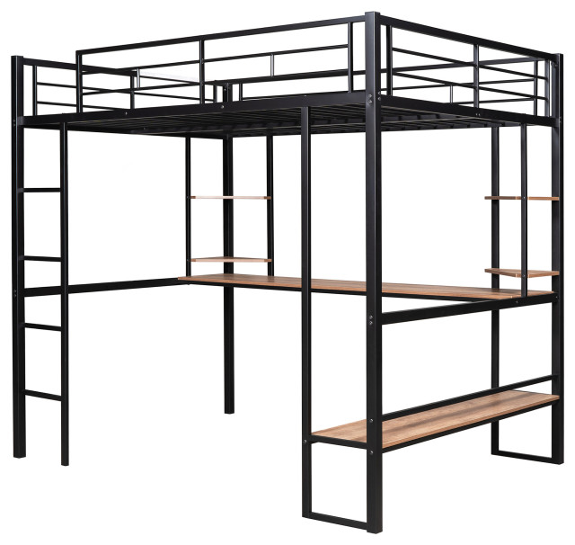 Gewnee Full Size Loft Metal&Mdf Bed With Long Desk And Shelves In Black ... with regard to