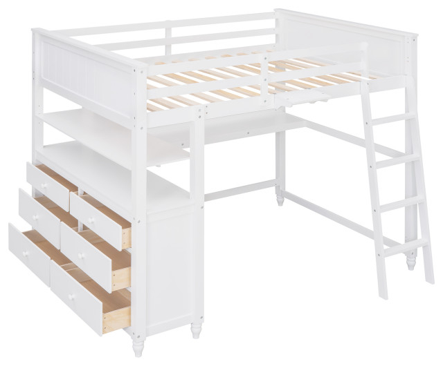 Gewnee Full Size Wood Loft Bed With Drawers And Desk In White ... in Beyond the Bed The Versatile Gewnee Wood Full Size Loft Bed Wardrobe