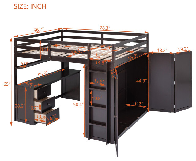 Gewnee Full Size Wood Loft Bed With Drawers,Desk And Wardrobe In ... for