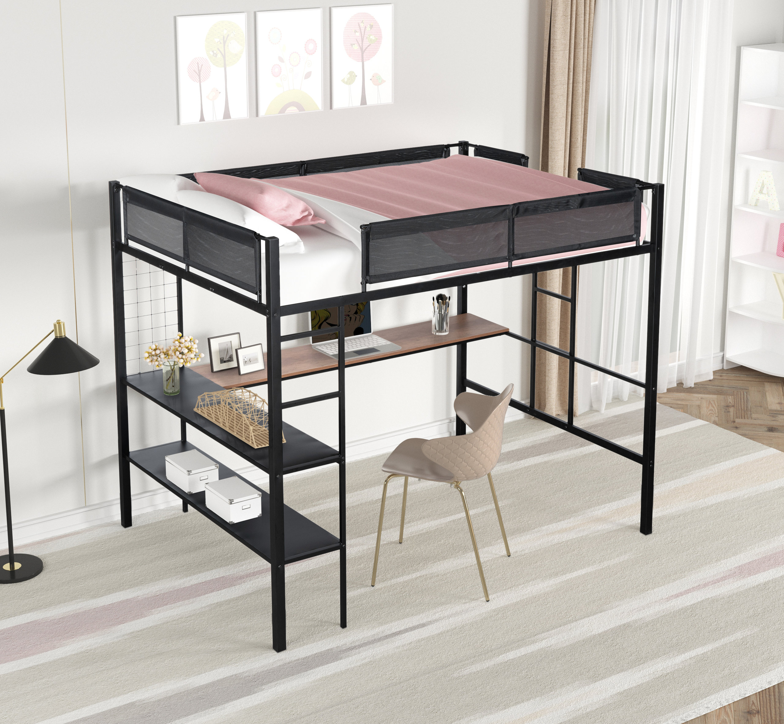 Gewnee Metal Full Size Loft Bed With Desk &Amp; Shelves - Transitional ... in Creating A Functional Study Space With The Gewnee Full Size Loft Bed