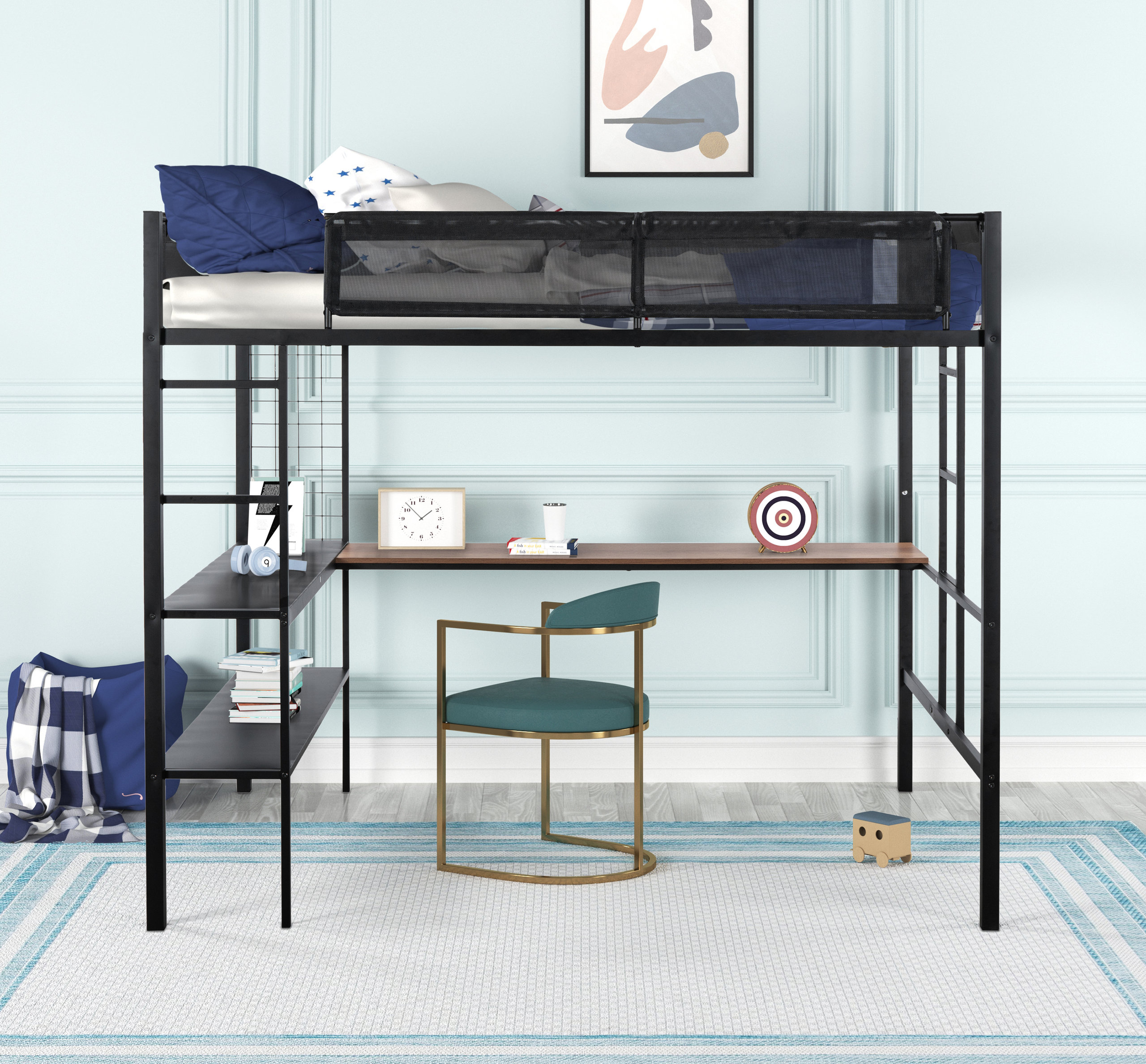 Gewnee Metal Full Size Loft Bed With Desk & Shelves - Transitional ... within A Parent's Perspective on the Safety and Durability of the Gewnee Loft Bed
