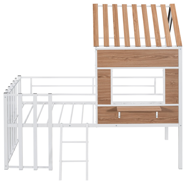 Gewnee Metal Twin Loft Bed With Roof, Window And Ladder In White ... in